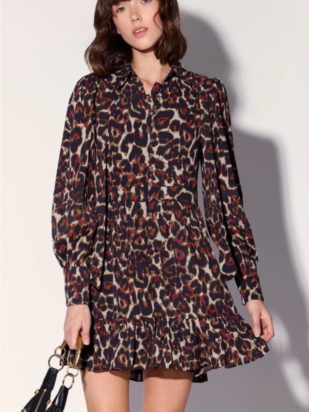 Walter Baker Leopard-Print Long Sleeve Tiered Mini Dress - Black/Brown/Wine